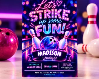 Neon Bowling Birthday Invitation, Glow-in-the-Dark Cosmic Party (Editable Canva Template) Bowling803