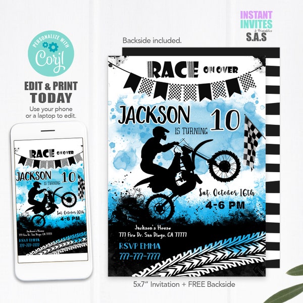 Bike Party Invitation, Dirt Bike Invites, Instant Download Dirt Bike Invitations, Bike710