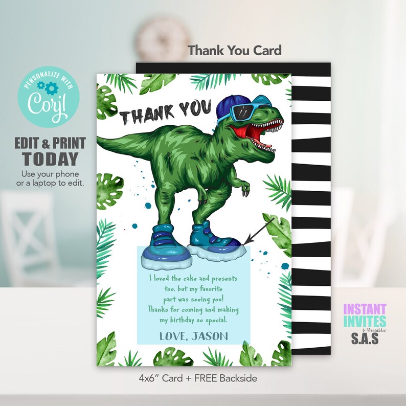 Dinosaur Thank You Card Dinosaur Cards Dinosaur Thank You Etsy