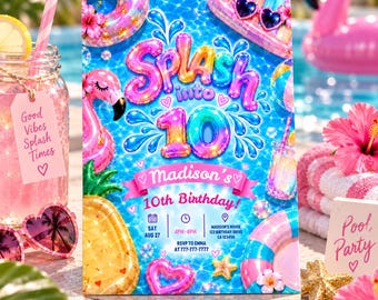 Pool Party Invitation, Splash into 10 Birthday Invitation, Summer Girls Invite (Digital Download) Pool808
