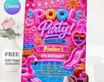 Pink Pool Party Birthday Invitation Template: Neon Glow Birthday Invite (Digital Download)