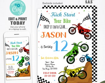 Bike Party Invitation, Dirt Bike Invites, Instant Download Dirt Bike Invitations, Bike702