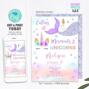 Unicorn Mermaid Birthday Invitation: Instant Download