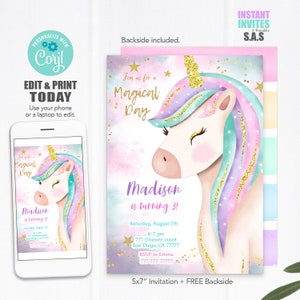 Unicorn Invitation, Unicorn Invites, Instant Download Unicorn Invitations, Unicorn736 image 1