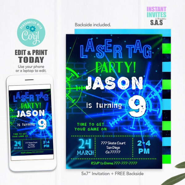 Laser Tag Invitation, Laser Tag Invites, Instant Download Laser Tag Invitations, LaserTag701
