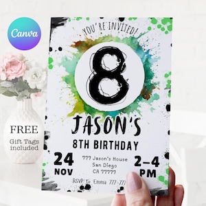 8. Geburtstagseinladung Junge: Wasserfarben Splash (Instant Download)