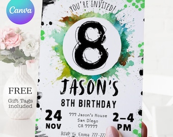 Boy 8th Birthday Invitation: Watercolor Splash (Instant Download)