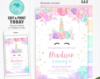 Unicorn Invitation, Unicorn Invites, Instant Download Unicorn Invites, Unicorn709