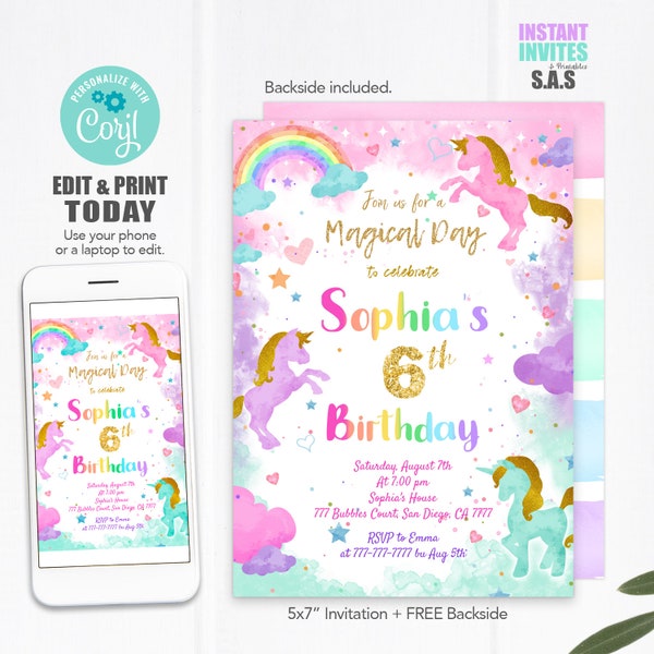 Unicorn Invitation, Unicorn Invite, Instant Download Unicorn Invites, Unicorn723