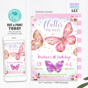 Butterfly Invitation, Butterfly Invites, Instant Download Butterfly Invitations, Butterfly707 image 1