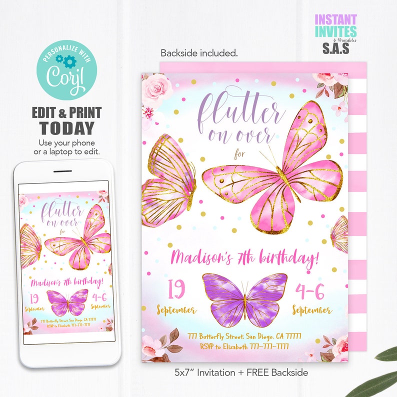 Butterfly Invitation, Butterfly Invites, Instant Download Butterfly Invitations, Butterfly707 image 1