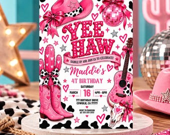 Pink Cowgirl Birthday Invitation, Yee Haw Party, Editable Canva Template (Digital Download) Cowgirl801