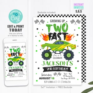 Monster Truck 2nd Birthday Invitation: Editable Template (Digital Download)