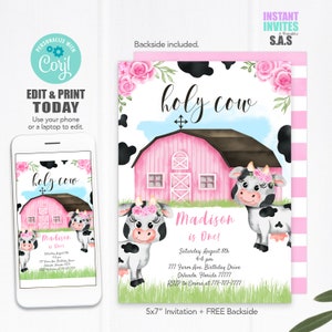 Cow Birthday Invitation: Pink Barn, Floral Design (Digital Download)