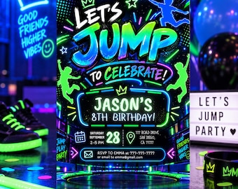 Neon Trampoline Birthday Invitation, Editable Digital Invite (Digital Download) Jump801