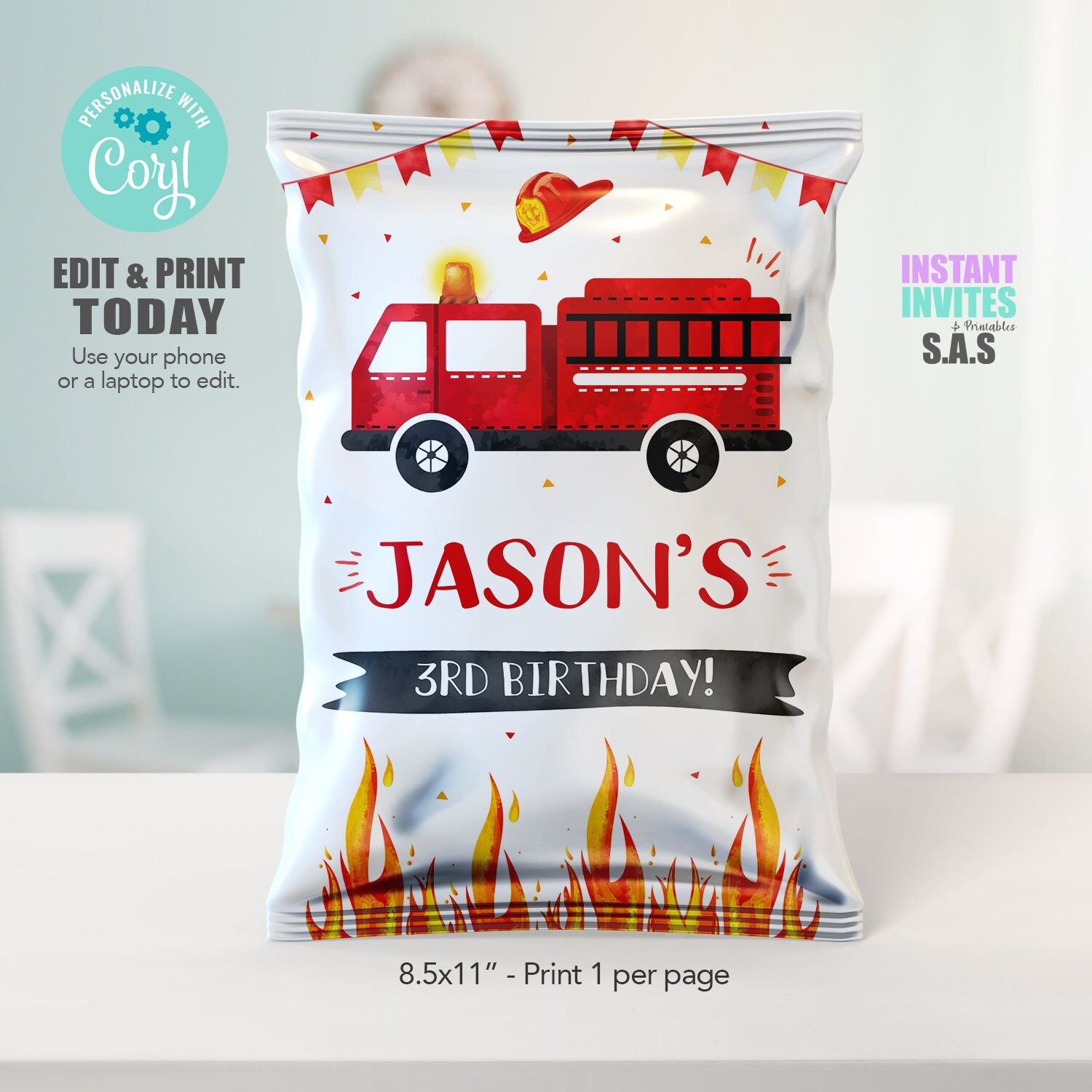 Fire Truck Birthday Chip Bag Labels: Editable Design (Digital Download)