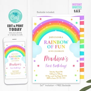 Rainbow Invitation, Rainbow of Fun Birthday Invites, Instant Download Rainbow Invitations, Rainbow Birthday Invitation, Rainbow704A