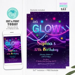 Glow Invitation, Let&#39;s Glow Games Invites, Instant Download Glow Invitations, Glow704