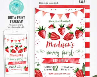 Strawberry Invitation, Berry Invites, Instant Download Strawberry Invitations, Berry701