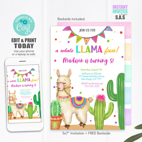 Llama Invitation, Llama Invites, Instant Download Llama Invitations, Llama706