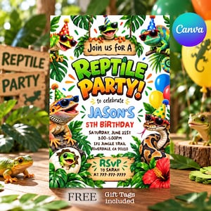 Op de afbeelding: Een rechthoekige uitnodiging met kleurrijke illustraties van reptielen met feesthoedjes en zonnebrillen, met de tekst Join us for a REPTILE PARTY to celebrate JASON'S 5TH BIRTHDAY, Saturday, June 21st, 3:00-5:00PM, 172 Jungle Trail, Riverdale, CA 90210, RSVP to Sarah at 777-777-7777.