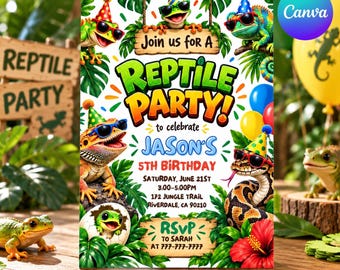 Editable Reptile Birthday Invitation, Lizard Snake Party Invite (Canva Template) Reptile801