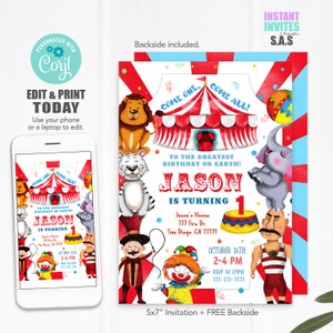 Circus Birthday Invitation: Editable Text, Lion & Elephant (Digital Download)