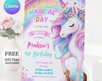 Unicorn Birthday Invitation: Glitter Watercolor Editable Party Invite (Digital Download)