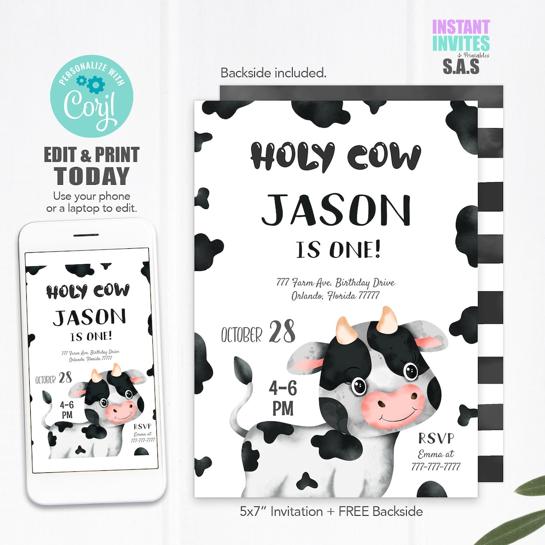 Cow Invitation, Cow Invites, Instant Download Cow Invitations, Cow706