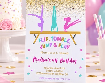 Peut inclure: Une carte d'invitation d'anniversaire rectangulaire avec des paillettes dorées en haut, trois silhouettes de gymnastes violettes et bleu sarcelle sur une poutre, et le texte : Flip, Tumble, Jump & Play, Please join us to celebrate Madison's 4th Birthday.