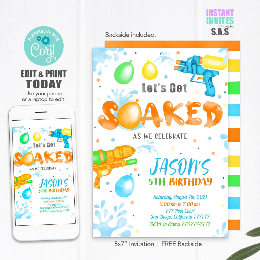 Water Gun Invitation, Water Gun Invite, Instant Download Water Gun