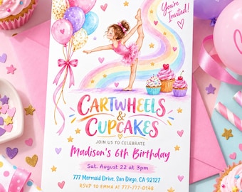 Cartwheels & Cupcakes Birthday Invitation: Editable Gymnastics Party Invite (Digital Download) Gymnastics802