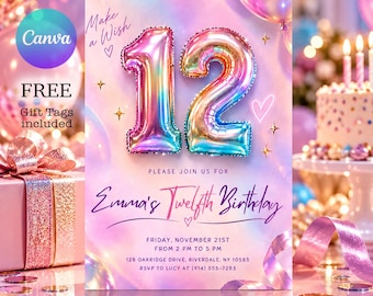 Editable 12th Birthday Invitation for Girl, Pink Iridescent Balloons (Canva Template) Pink801