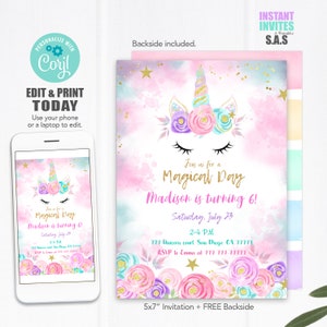 Unicorn Birthday Invitation: Magical Day, Editable Template (Digital Download)