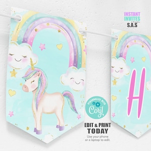 Unicorn Happy Birthday Banner: Editable Party Garland (Digital Download)