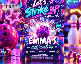 Neon Bowling Birthday Invitation, Gamer Party Invite, Editable Digital File, Bowling802