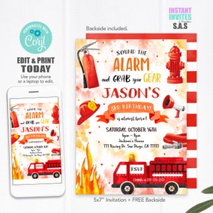 Fire Truck Invitation, Fire Engine Invites, Instant Download Fire Truck Birthday Invitations, FireTruck701