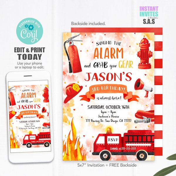 Fire Truck Invitation, Fire Engine Invites, Instant Download Fire Truck Birthday Invitations, FireTruck701