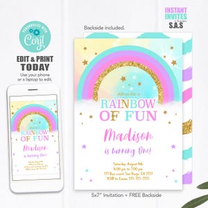 Glitter Rainbow Birthday Invitation: Editable Template (Instant Download)