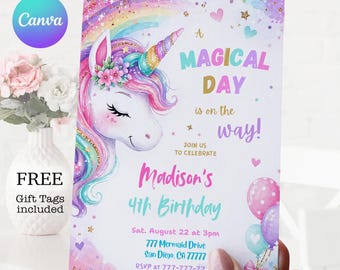 Rainbow Unicorn Birthday Invitation: Glitter Watercolor Editable Party Invite (Digital Download)