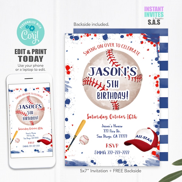 Baseball Invitation, Baseball Invites, Instant Download Baseball Party Invitations, Baseball711