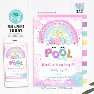 Unicorn Pool Party Invitation, Pool Party Invites, Instant Download Pool Party Invitations, Unicorn741