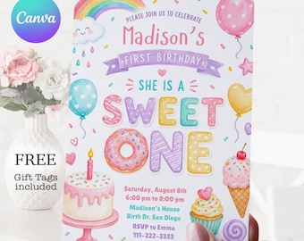 Sweet One Birthday Invitation Template: Watercolor First Birthday Invite (Digital Download)