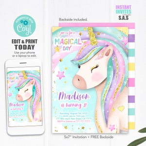 Unicorn Invitation, Unicorn Invite, Instant Download Unicorn Invites, Unicorn711