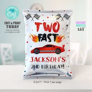 Duas etiquetas para sacos de chips de corrida rápida: festa de aniversário (download digital)