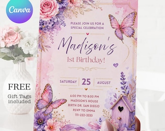 Floral Watercolor Butterfly Birthday Invitation: Editable Girls Party Invite (Digital Download)