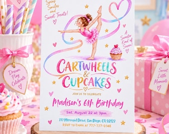Cartwheels & Cupcakes Invitation: Gymnastics Birthday Party Invite (Digital Download) Gymnastics803