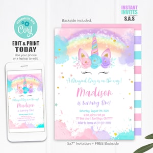 Unicorn Invitation, Unicorn Invites, Instant Download Unicorn Invites, Unicorn715