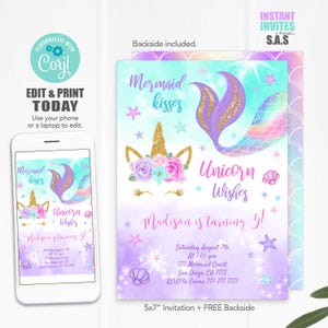 Unicorn Mermaid Birthday Invitation: Editable Party Invites (Digital Download)