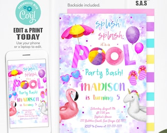 Pool Party Invitation, Pool Birthday Invite, Instant Download Pool Party Invites, Pool706